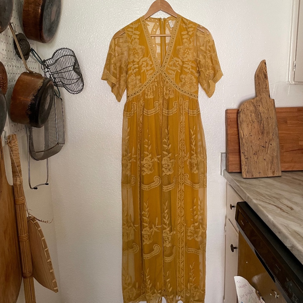 Mustard Yellow Bohemian Embroidered Lace Maxi Dress Wedding Guest Prom